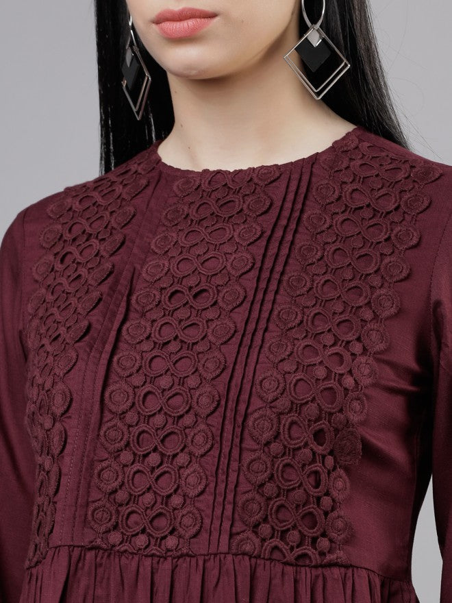 Women Burgundy Solid Peplum Top - Burgundy - Image 5
