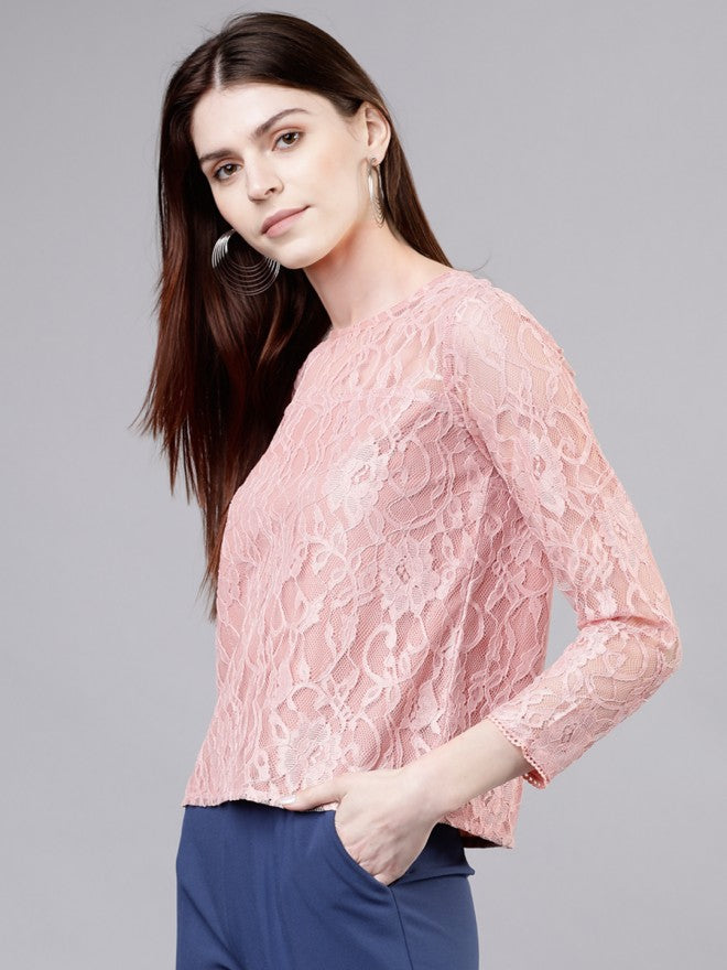 Women Pink Self Design Top - Pink - Image 4