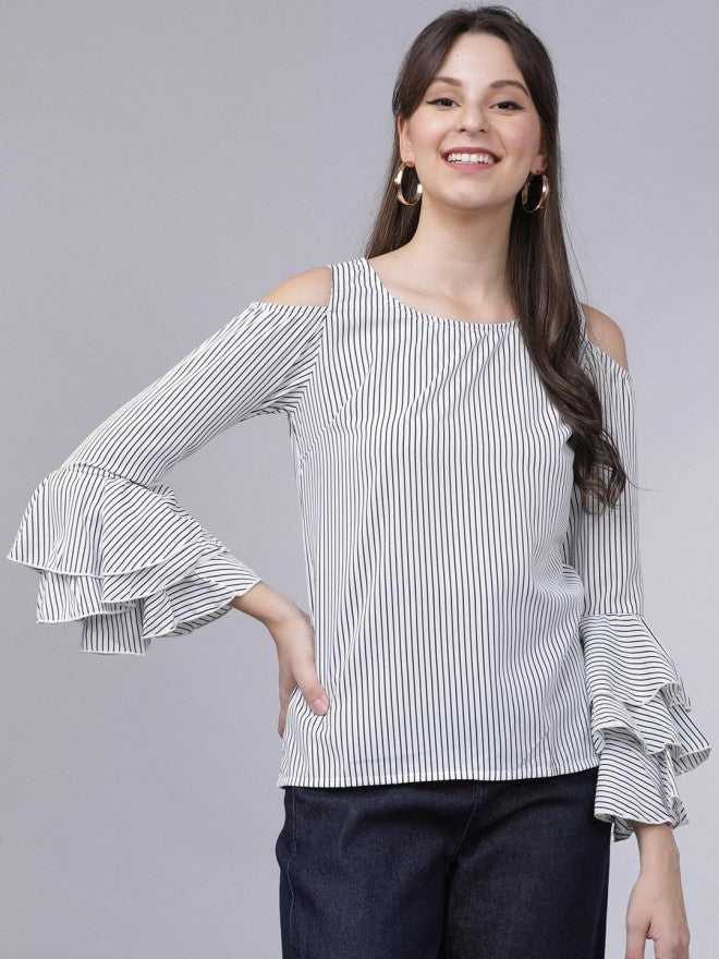 Women White Cold-Shoulder Striped Top - White - Image 1