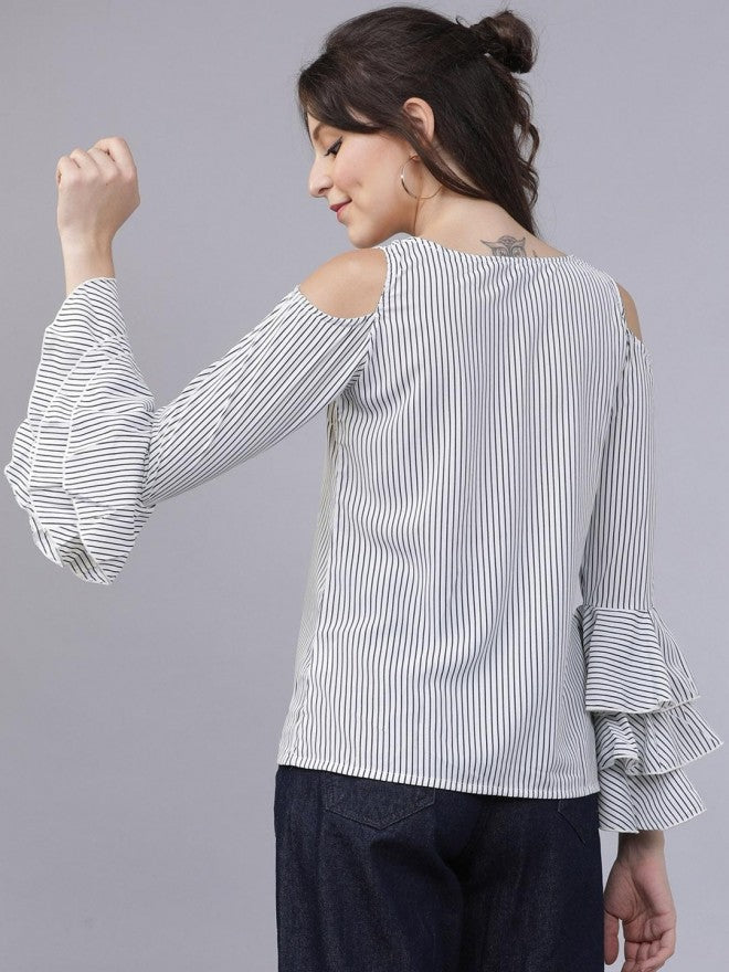 Women White Cold-Shoulder Striped Top - White - Image 2