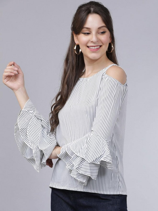 Women White Cold-Shoulder Striped Top - White - Image 3