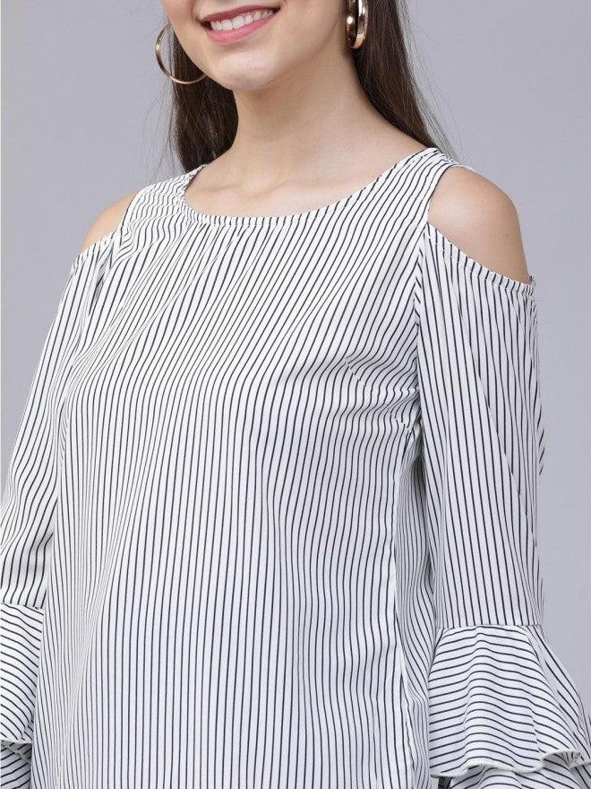 Women White Cold-Shoulder Striped Top - White - Image 4