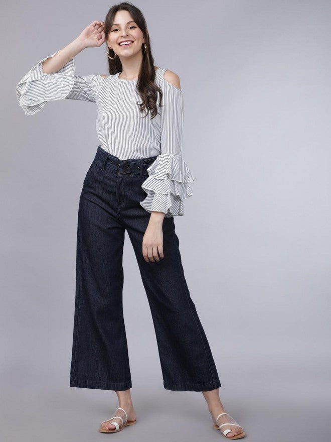 Women White Cold-Shoulder Striped Top - White - Image 5