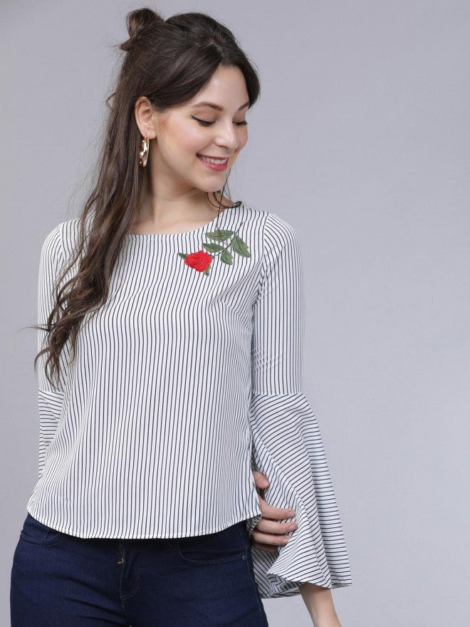 Women White Striped Embroidered Top - White - Image 1