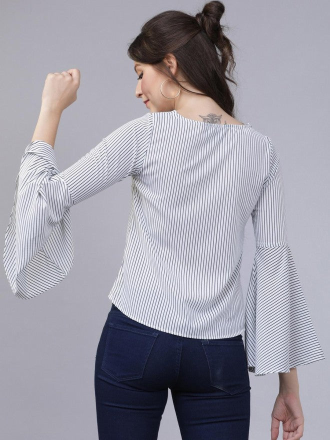 Women White Striped Embroidered Top - White - Image 2