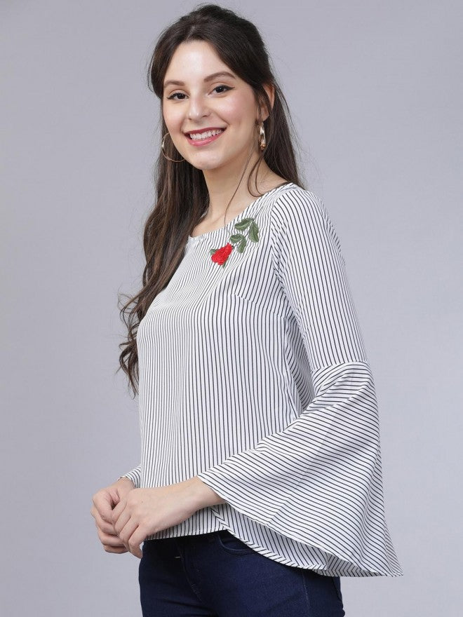 Women White Striped Embroidered Top - White - Image 3