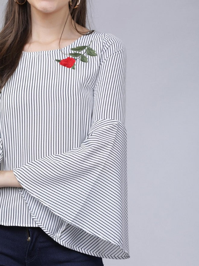 Women White Striped Embroidered Top - White - Image 4