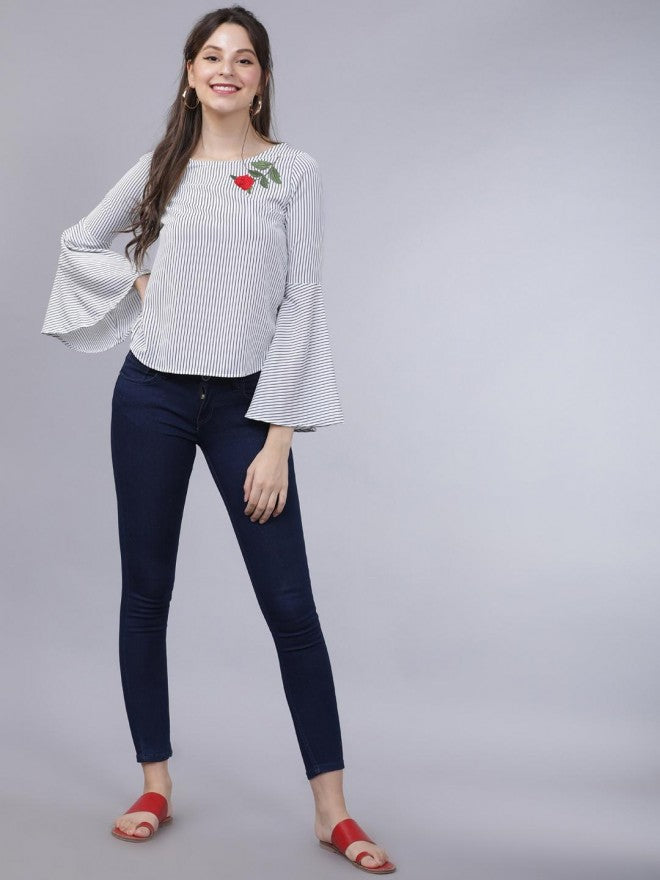 Women White Striped Embroidered Top - White - Image 5