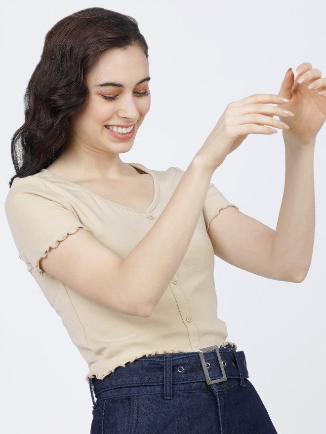 Tokyo Talkies Womens Beige V Neck Top - Beige - Image 1
