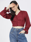 Tokyo Talkies Womens Burgandy V-Neck Crop Top - Burgundy - Image 1