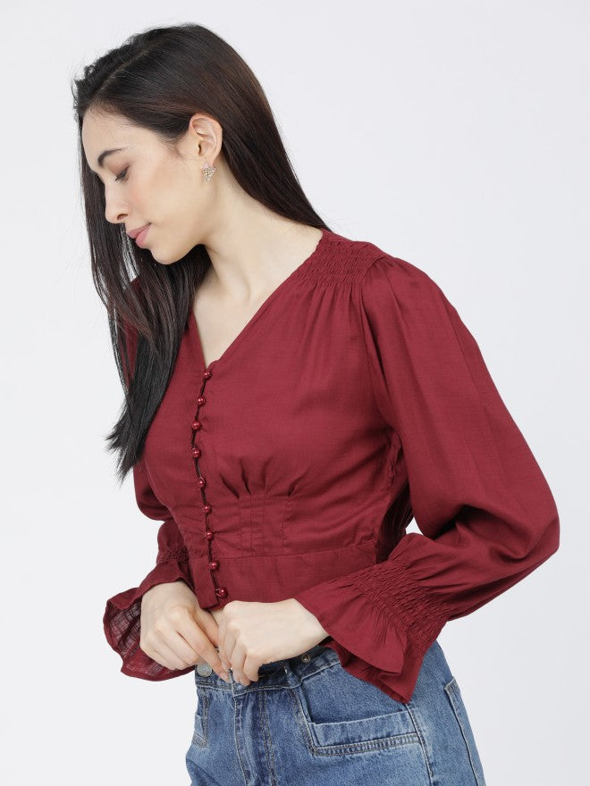 Tokyo Talkies Womens Burgandy V-Neck Crop Top - Burgundy - Image 2