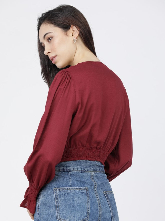 Tokyo Talkies Womens Burgandy V-Neck Crop Top - Burgundy - Image 3