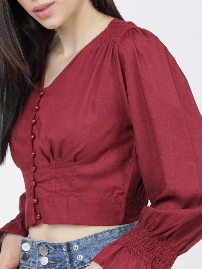 Tokyo Talkies Womens Burgandy V-Neck Crop Top - Burgundy - Image 4