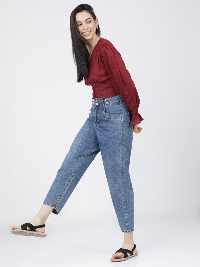 Tokyo Talkies Womens Burgandy V-Neck Crop Top - Burgundy - Image 5