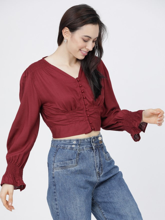 Tokyo Talkies Womens Burgandy V-Neck Crop Top - Burgundy - Image 6