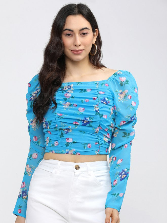 Tokyo Talkies Womens Blue Floral Crop Top' - Blue - Image 1