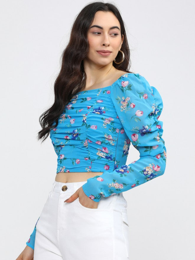 Tokyo Talkies Womens Blue Floral Crop Top' - Blue - Image 2