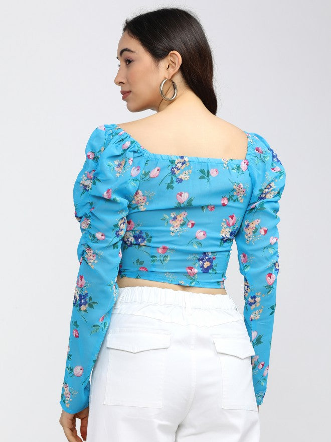 Tokyo Talkies Womens Blue Floral Crop Top' - Blue - Image 3