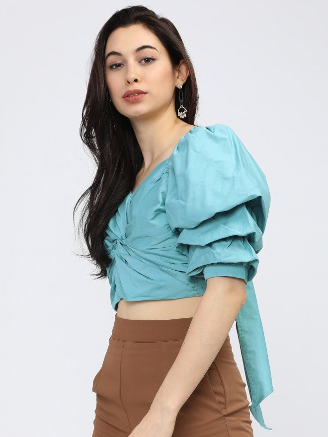 Tokyo Talkies Womens Teal. Twist Crop Top - Teal - Image 2