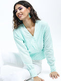 Tokyo Talkies Womens Teal Voluminous Sleeve Crop Top - Teal - Image 1
