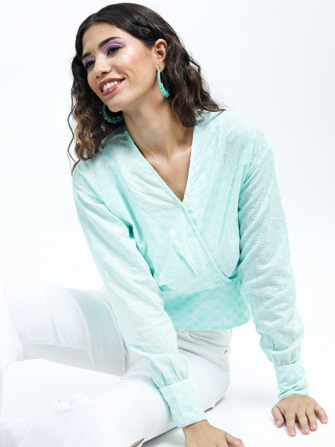 Tokyo Talkies Womens Teal Voluminous Sleeve Crop Top - Teal - Image 1