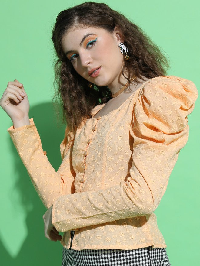 Tokyo Talkies Women Orange Voluminous Sleeve Top - Orange - Image 2