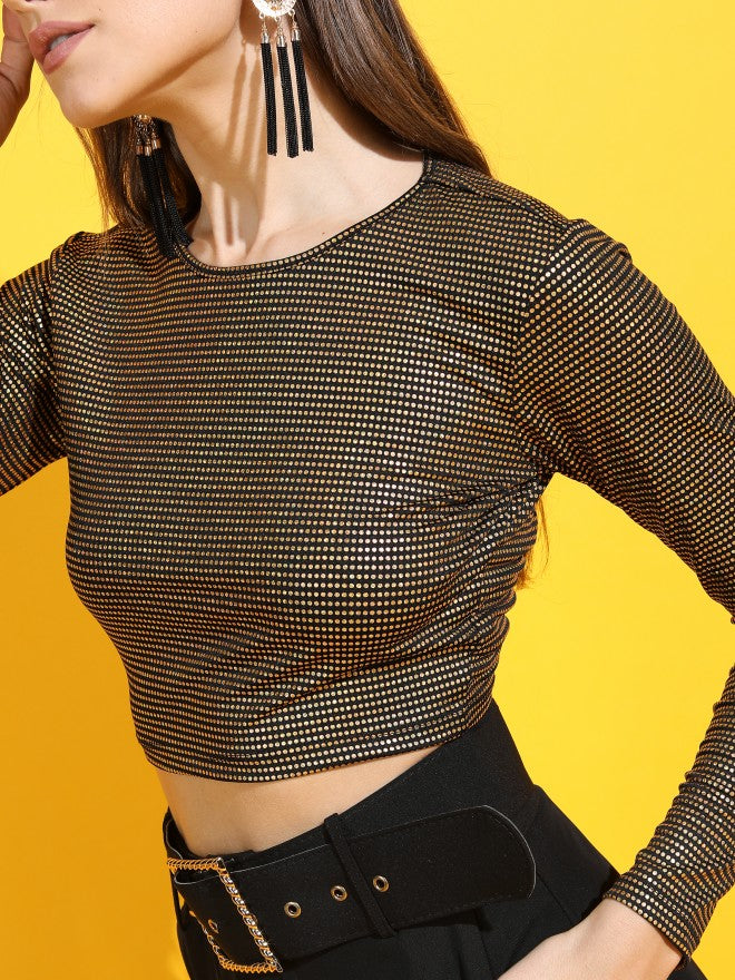 Tokyo Talkies Women Black Back Cut Out Full Sleeve Top - Gold - Image 5