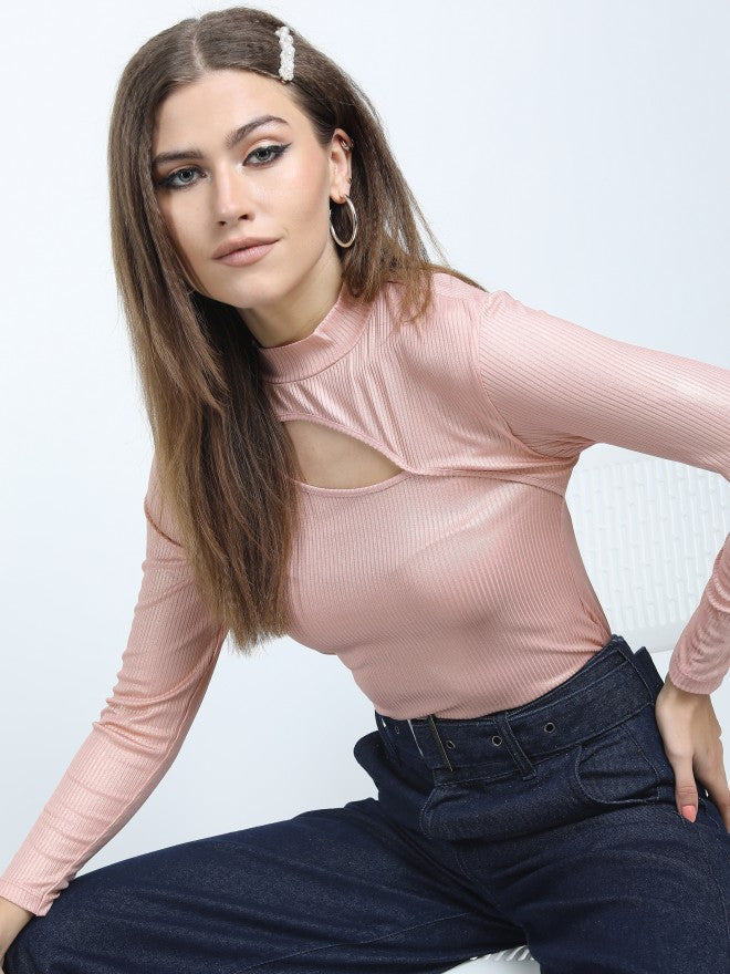 Tokyo Talkies Womens Pink High Neck Front Cutout Top - Pink - Image 1