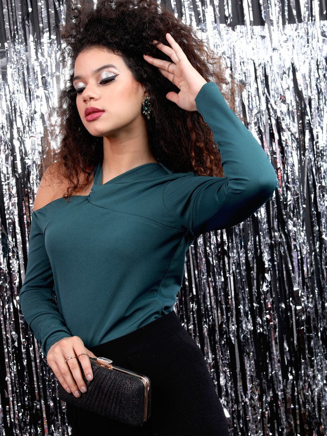 Tokyo Talkies Women Teal Knited Solid Top - Teal - Image 4
