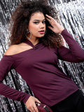 Tokyo Talkies Women Plum Knited Solid Top - Purple - Image 1