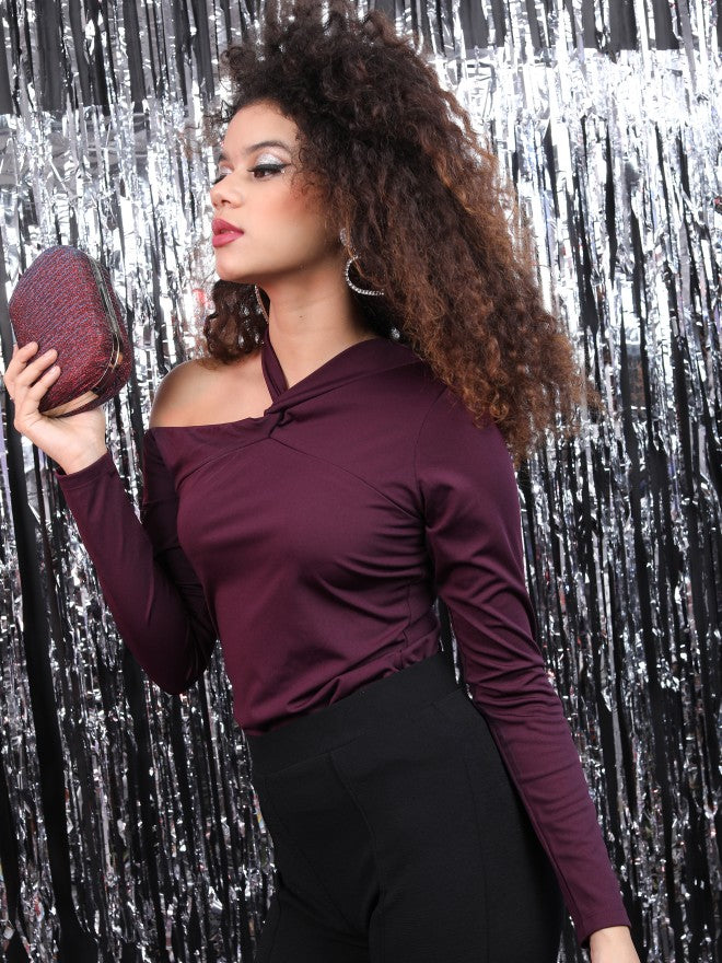 Tokyo Talkies Women Plum Knited Solid Top - Purple - Image 4