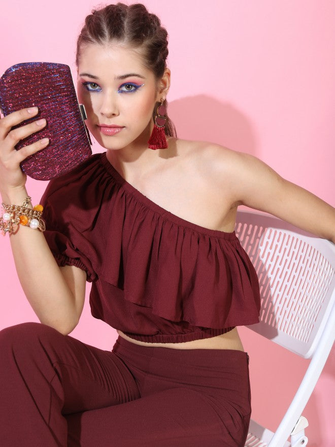 Tokyo Talkies Womens Gathered Top - Maroon - Image 1