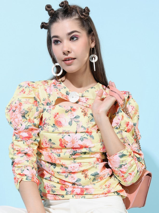 Tokyo Talkies Womens Yellow Ruched Cut Out Top - Yellow - Image 1