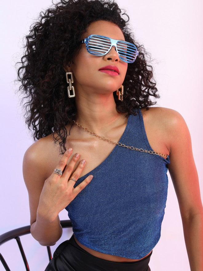 Tokyo Talkies Women Blue Self Design Fitted Top - Blue - Image 1