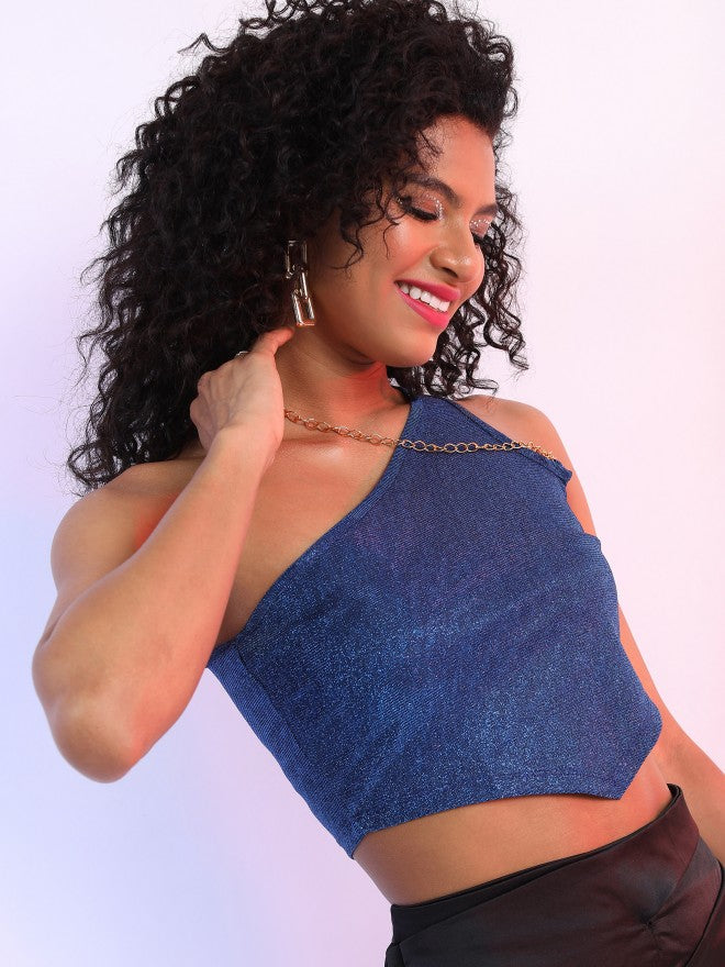 Tokyo Talkies Women Blue Self Design Fitted Top - Blue - Image 6
