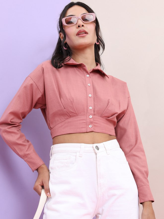 Tokyo Talkies Women Rose Solid Fitted Top - Rose - Image 1