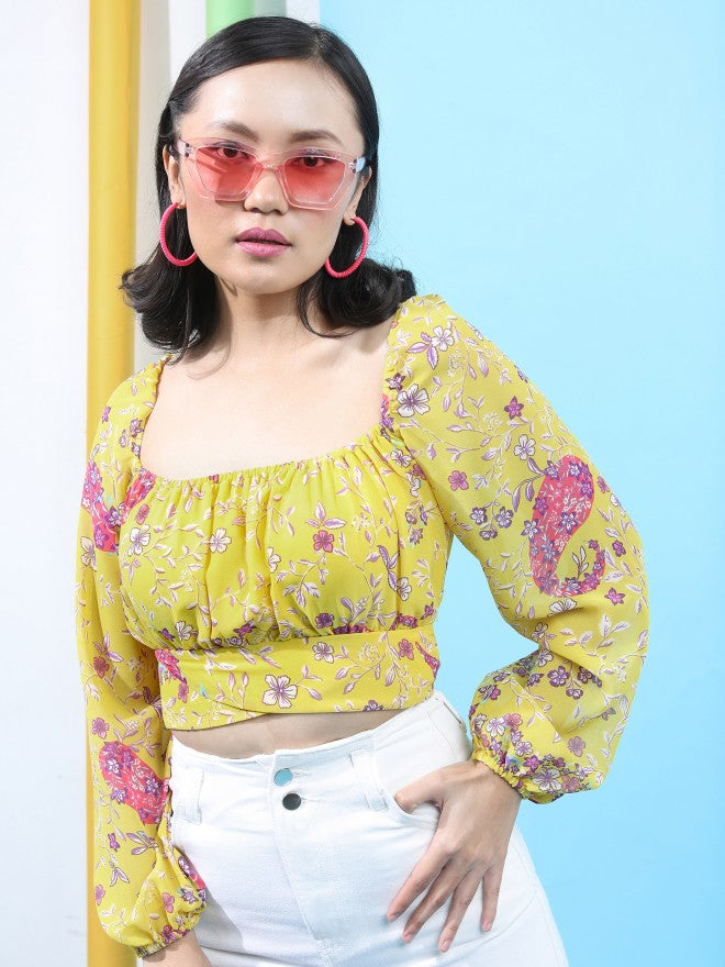 Tokyo Talkies Women Yellow Printed Regular Top - Yellow - Image 1