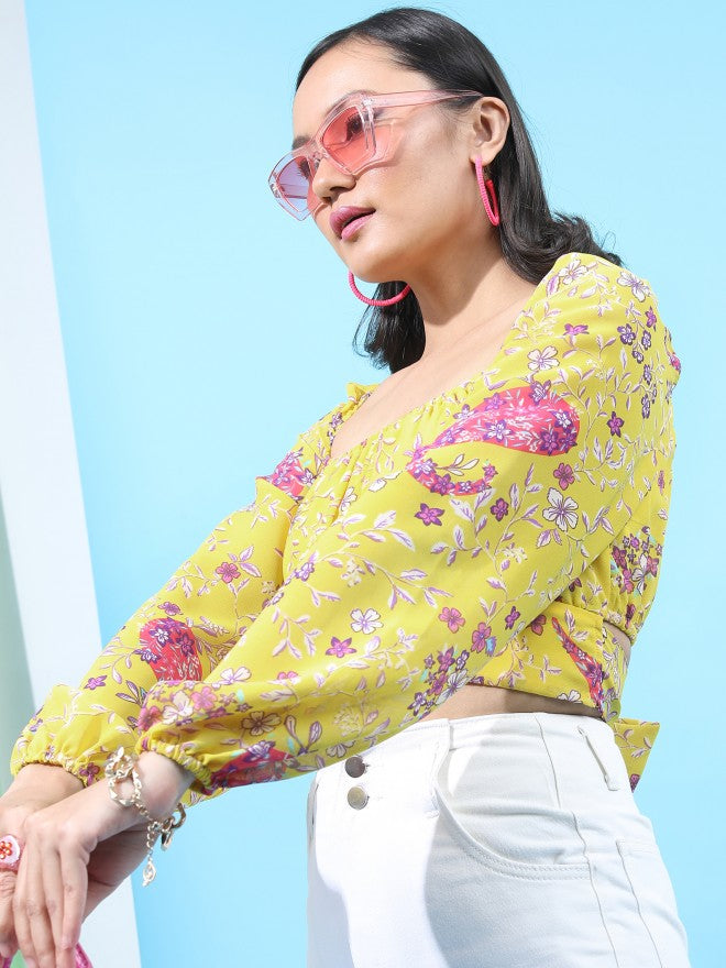 Tokyo Talkies Women Yellow Printed Regular Top - Yellow - Image 4