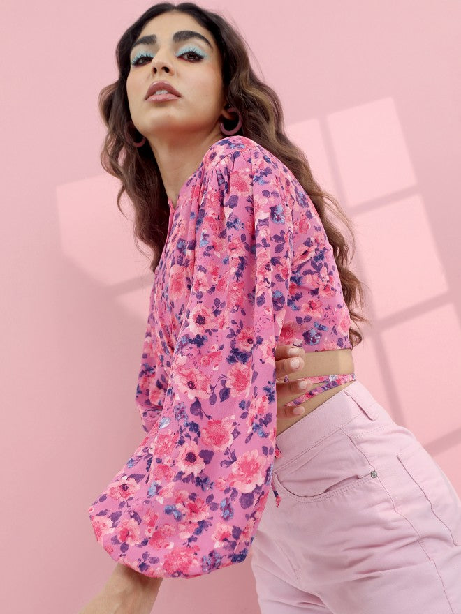 Tokyo Talkies Women Pink Printed Regular Top - Pink - Image 4
