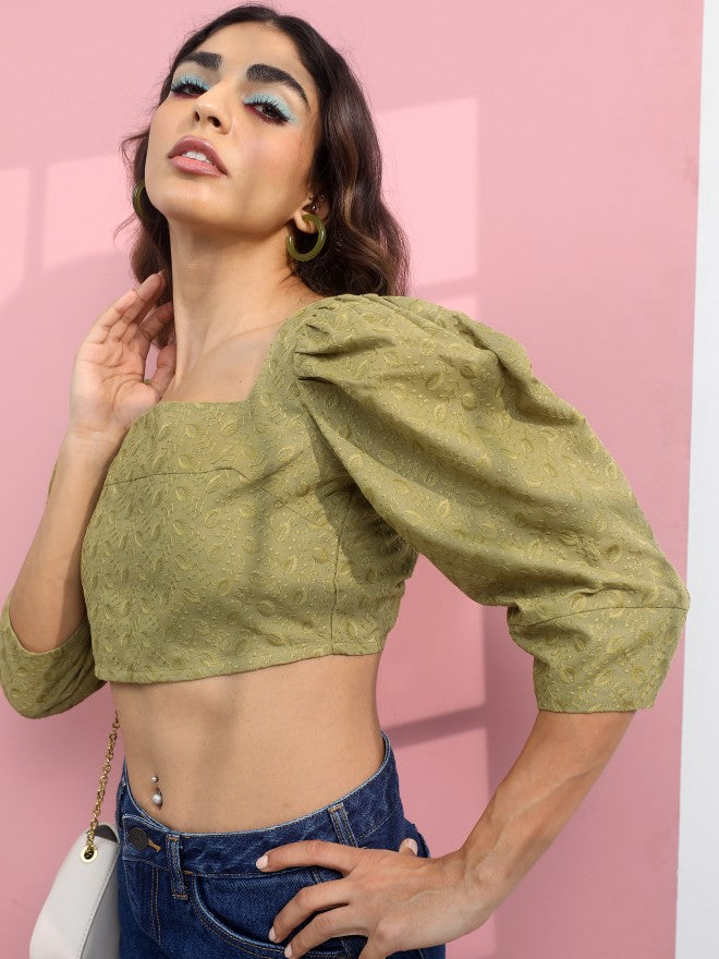 Tokyo Talkies Women Green Sweatheart Neck Crop Top - Green - Image 1