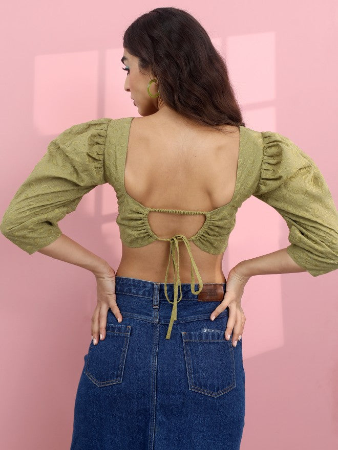 Tokyo Talkies Women Green Sweatheart Neck Crop Top - Green - Image 3