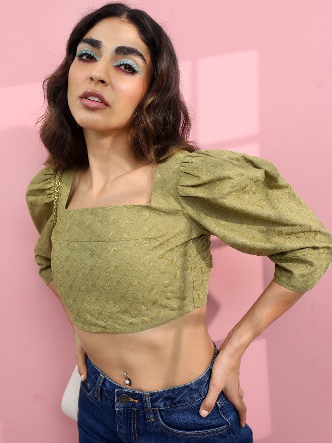 Tokyo Talkies Women Green Sweatheart Neck Crop Top - Green - Image 4