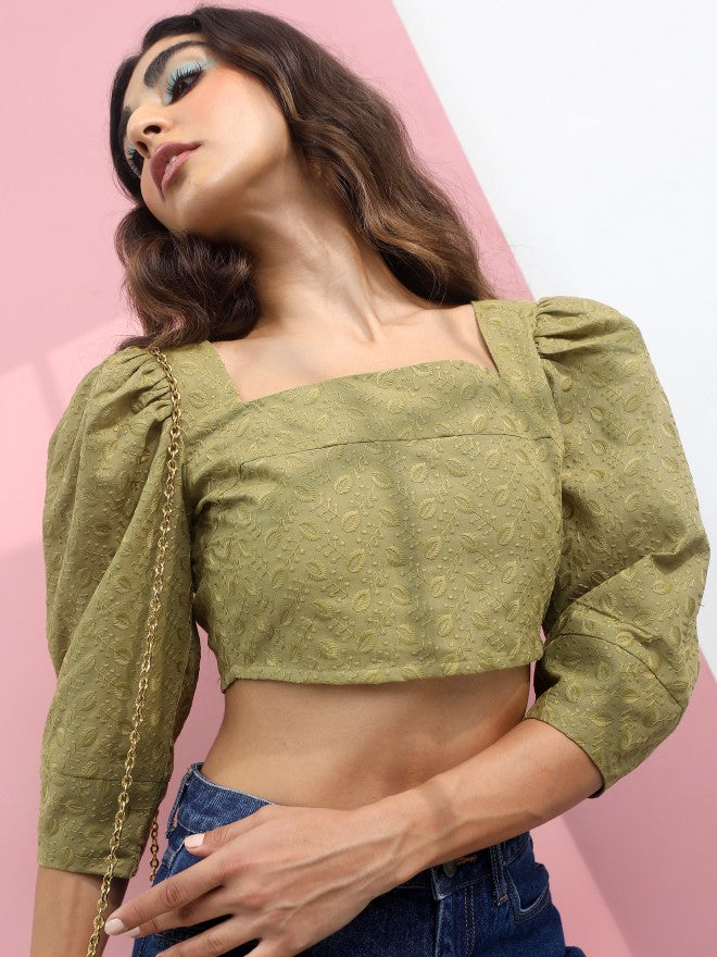 Tokyo Talkies Women Green Sweatheart Neck Crop Top - Green - Image 6