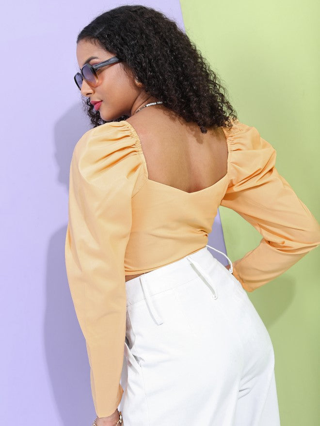 Tokyo Talkies Women Orange Solid Fitted Top - Orange - Image 3