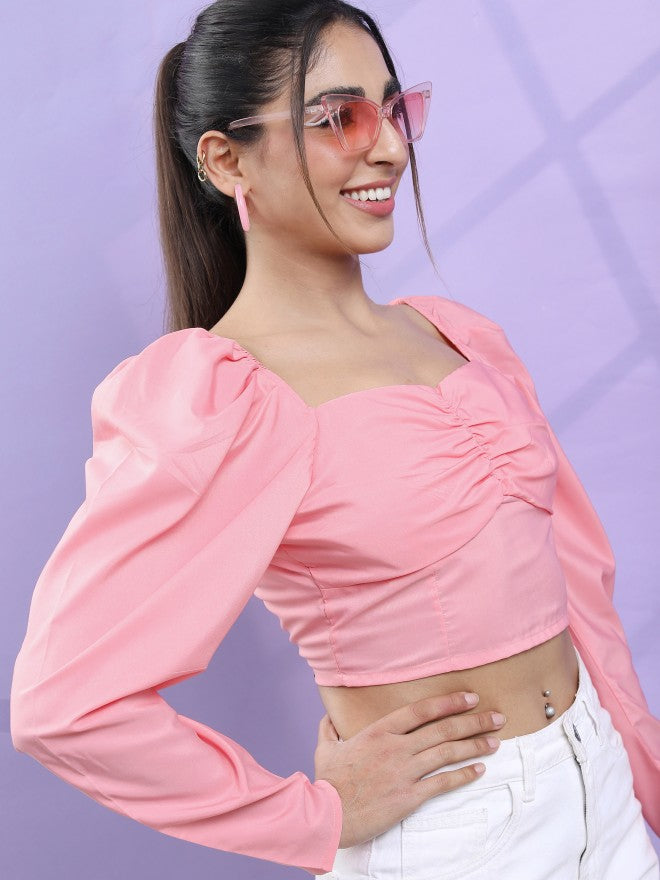 Tokyo Talkies Women Pink Solid Fitted Top - Pink - Image 1