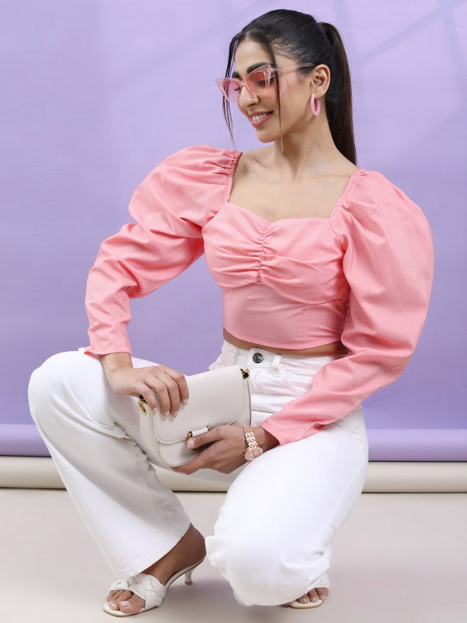 Tokyo Talkies Women Pink Solid Fitted Top - Pink - Image 2