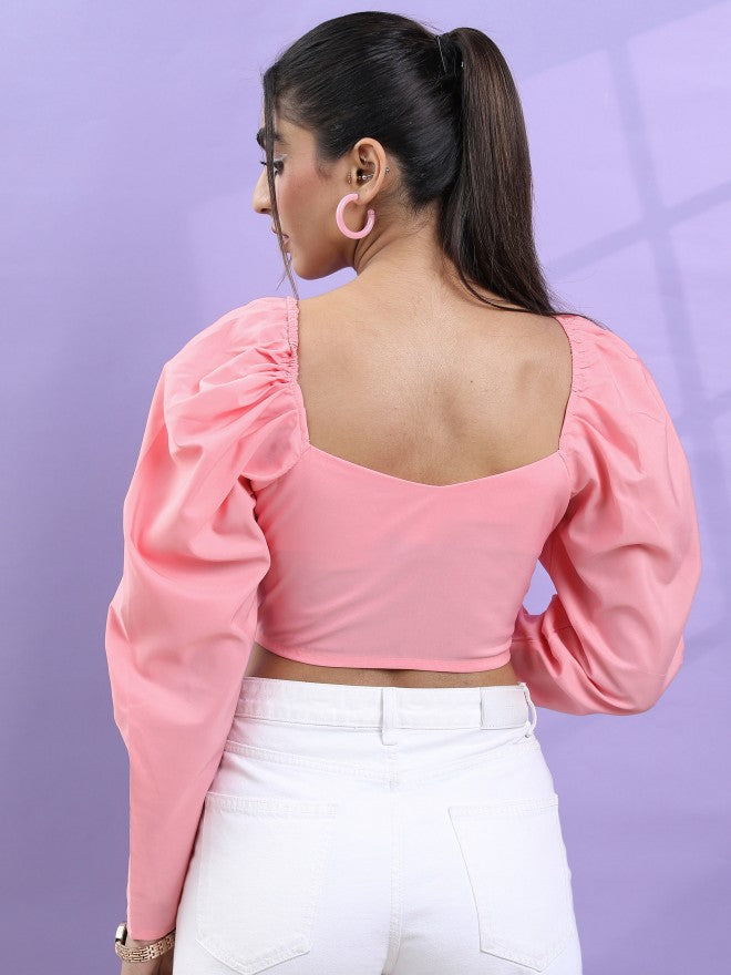 Tokyo Talkies Women Pink Solid Fitted Top - Pink - Image 3