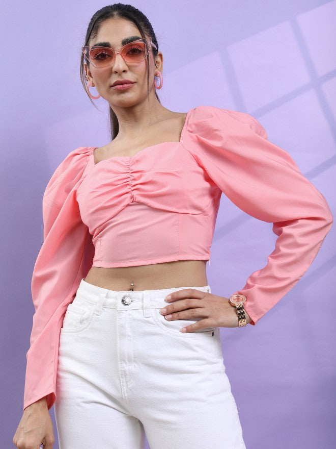 Tokyo Talkies Women Pink Solid Fitted Top - Pink - Image 4