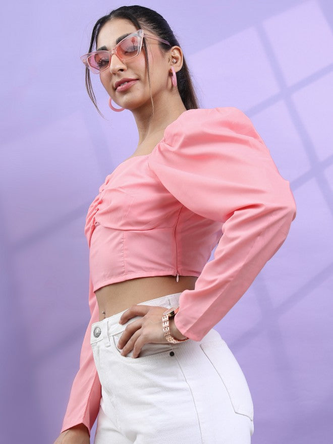 Tokyo Talkies Women Pink Solid Fitted Top - Pink - Image 6