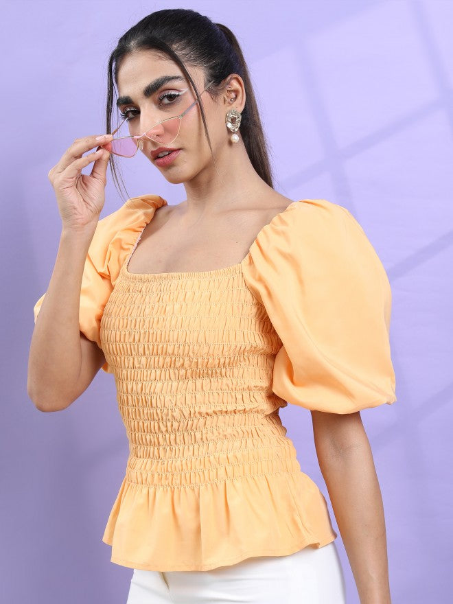 Tokyo Talkies Women Orange Solid Blouson Top - Orange - Image 7